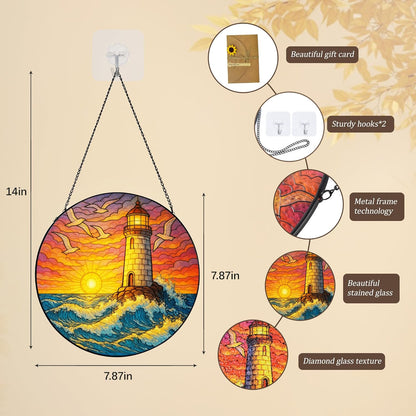 Stained Glass Window Hanging,Lighthouse Sun Catchers Stained Glass Panels for Indoor Windows Wall Art Decor, Memorial Gift for Mom Women Wife Men Lovers (7.87inch)