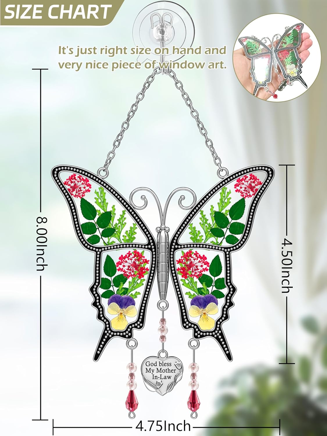 KY&BOSAM Gifts for Mom God Bless Mother in-Law Butterfly Suncatcher with Pressed Flower Wings and Heart Charm Butterfly Suncatcher for Window Wind Chime Mom Gifts - Mother`s Day
