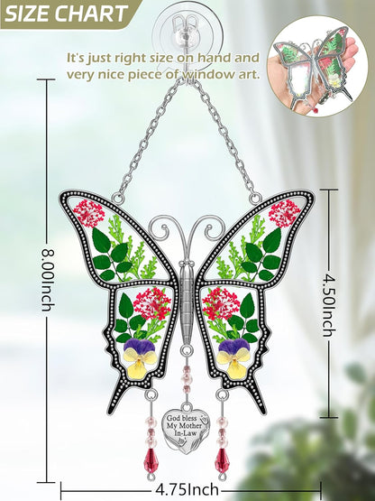 KY&BOSAM Gifts for Mom God Bless Mother in-Law Butterfly Suncatcher with Pressed Flower Wings and Heart Charm Butterfly Suncatcher for Window Wind Chime Mom Gifts - Mother`s Day