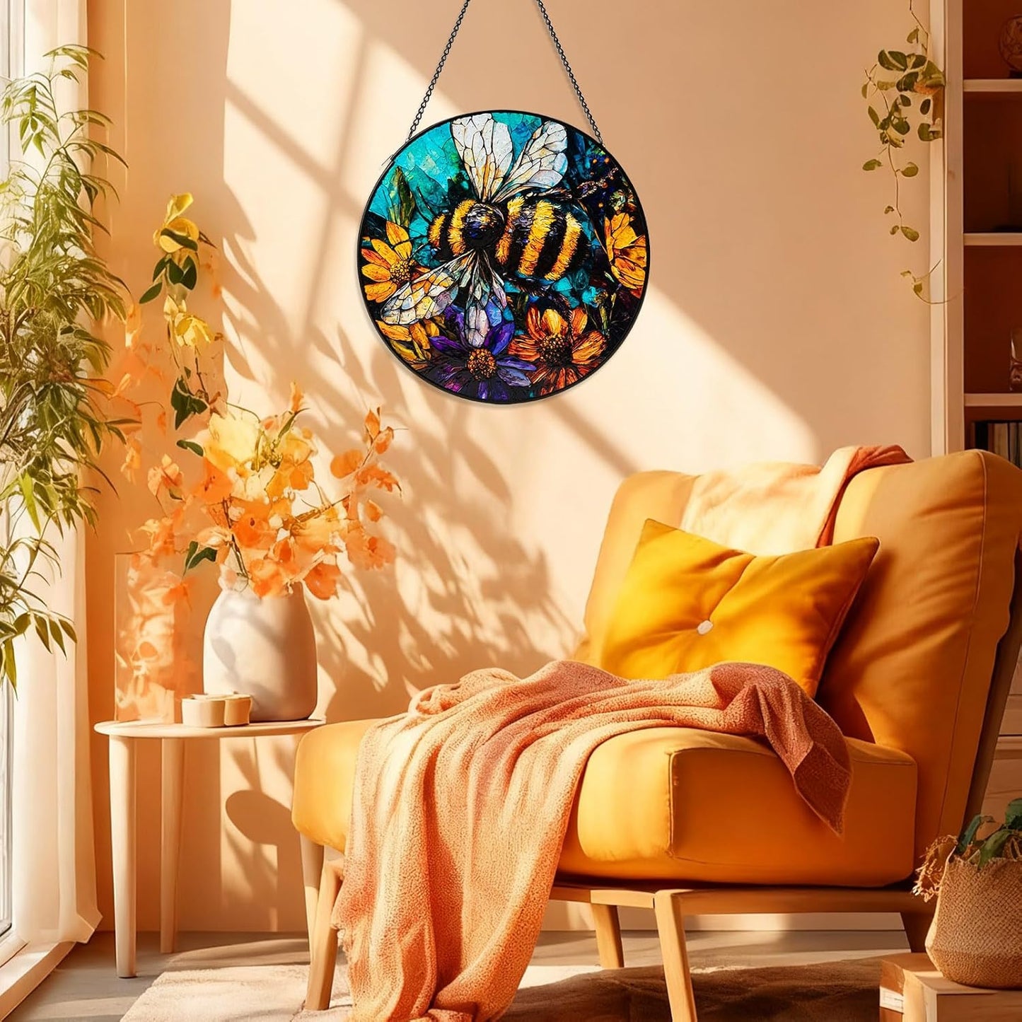 Stained Glass Window Hanging, Bee Yellow Flower Suncatcher for Doors Home Sun Catchers Decoration, Mother's Day Birthday Gifts for Women, Men, and Mom (8 Inch)