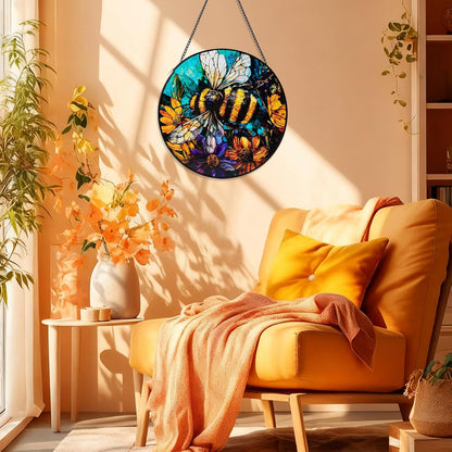 Stained Glass Window Hanging, Bee Yellow Flower Suncatcher for Doors Home Sun Catchers Decoration, Mother's Day Birthday Gifts for Women, Men, and Mom (8 Inch)