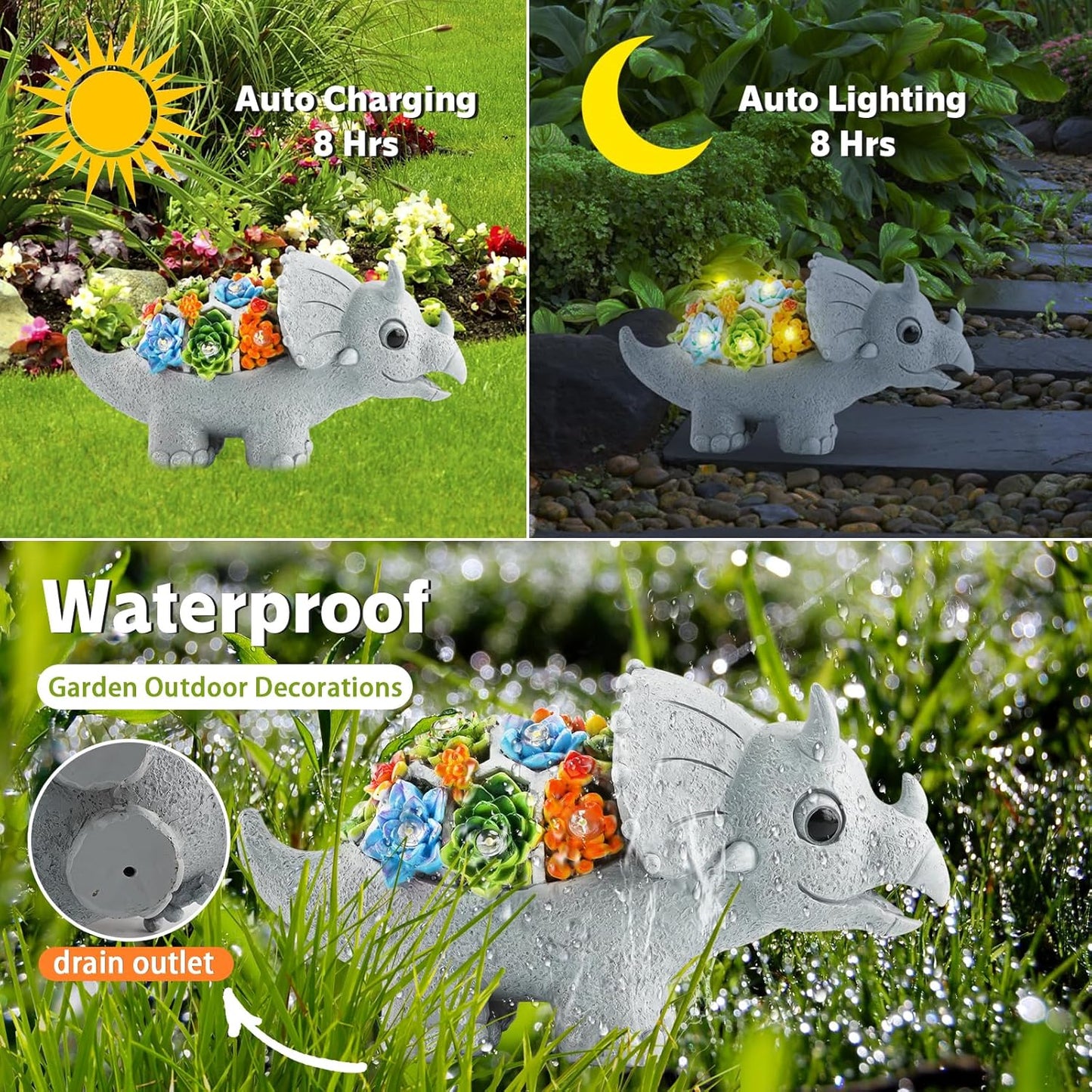 Garden Decor Solar Dinosaur Statues with Succulent and LED Lights for Outside, Outdoor Lawn Decorations Statue for Patio,Balcony,Yard,Unique Housewarming & Birthday Gifts for Women Mom Grandma
