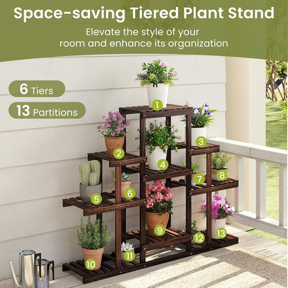COSTWAY 6-Tier Multifunctional Wood Flower Stand, Shelf Holder for Multiple Plants, Freestanding Plant Rack for Garden, Patio, Balcony, Living Room, Indoor, Outdoor