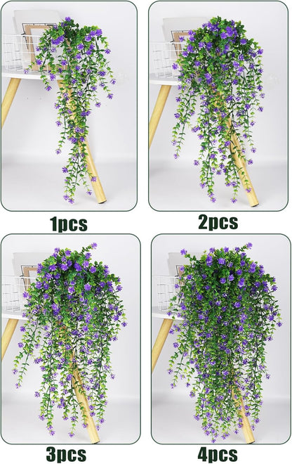 SJL Hanging Greenery 4pcs Realistic Artificial Plants Indoor Artificial Hanging Plants Outdoor Fake Eucalyptus Faux Ivy Plastic Flowers Leaves Decor for Bedroom Porch Wall (Purple)
