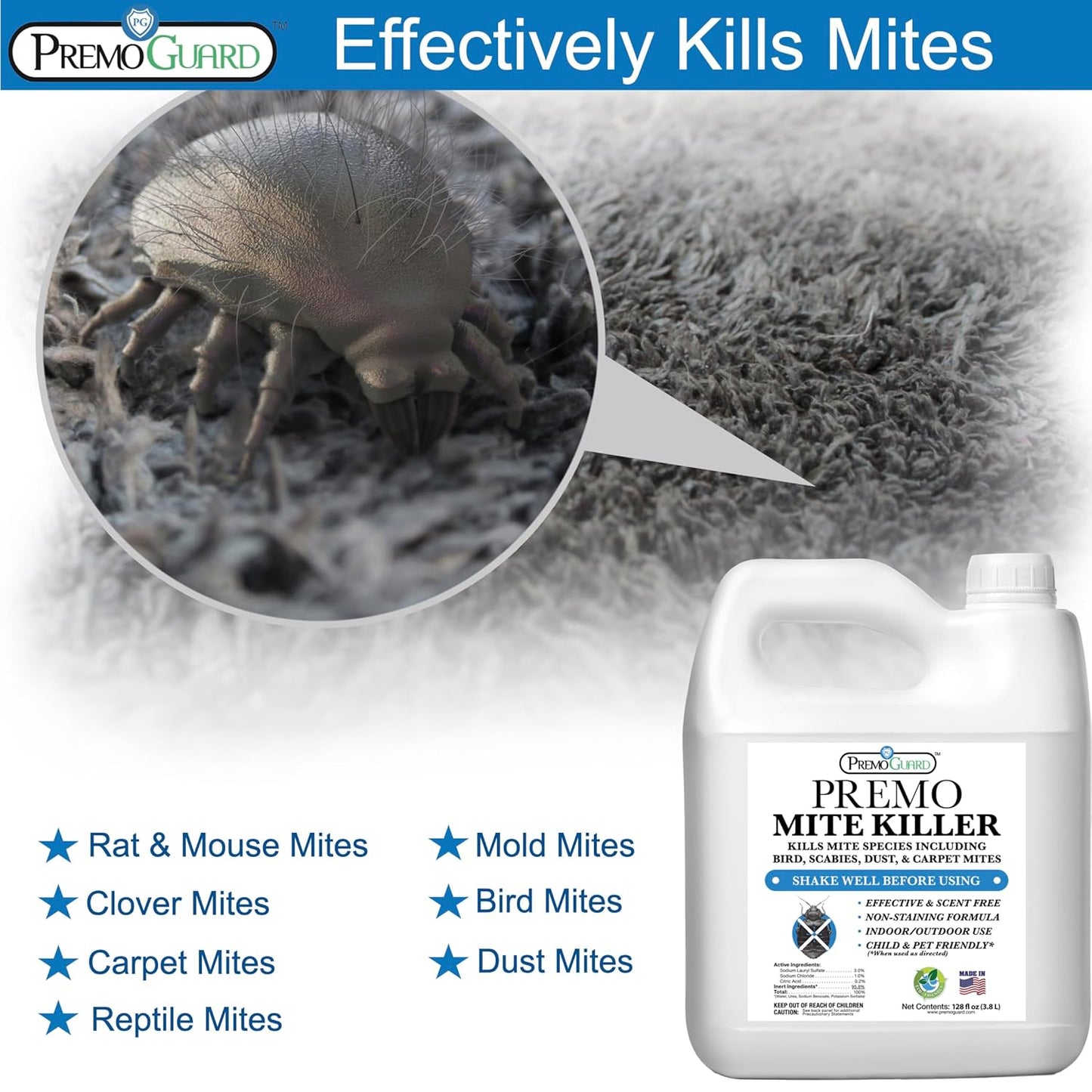 Premo Guard Natural Mite Spray – Large 128 oz Bottle – Plant Based Treatment for Dust, Spider, Carpet, Bird, Rat Mites – Safe for Families, Pet, Home, Bedding & Furniture When Used As Directed