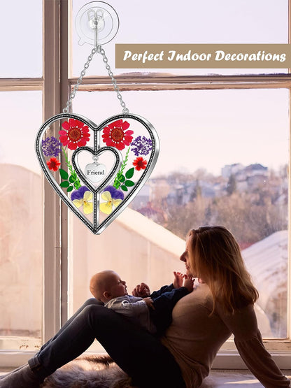 KY&BOSAM Heart Suncatcher Friend Stained Glass Hangings for Windows Real Flower Glass & Metal Maker Sun Catchers Birthday Gifts for Frined Home Party Backyard Indoor Outdoor Decor Christmas Ornament