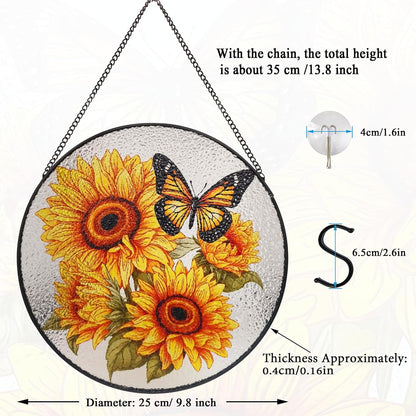9.8'' Sunflower Butterfly Suncatcher Hanging Stained Glass Window Decor, Flowers Bush Butterfly Sun Catchers Wall Art Home Decor, Sunflower Gift for Mom Grandma Teacher