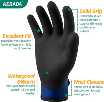 Kebada T2 Waterproof Winter Work Gloves for Men and Women - Thermal Insulated Freezer Gloves for Working in Freezer for Cold Weather, 100% Latex Coating, Wrist Closure, 1 Pair, Blue, Small