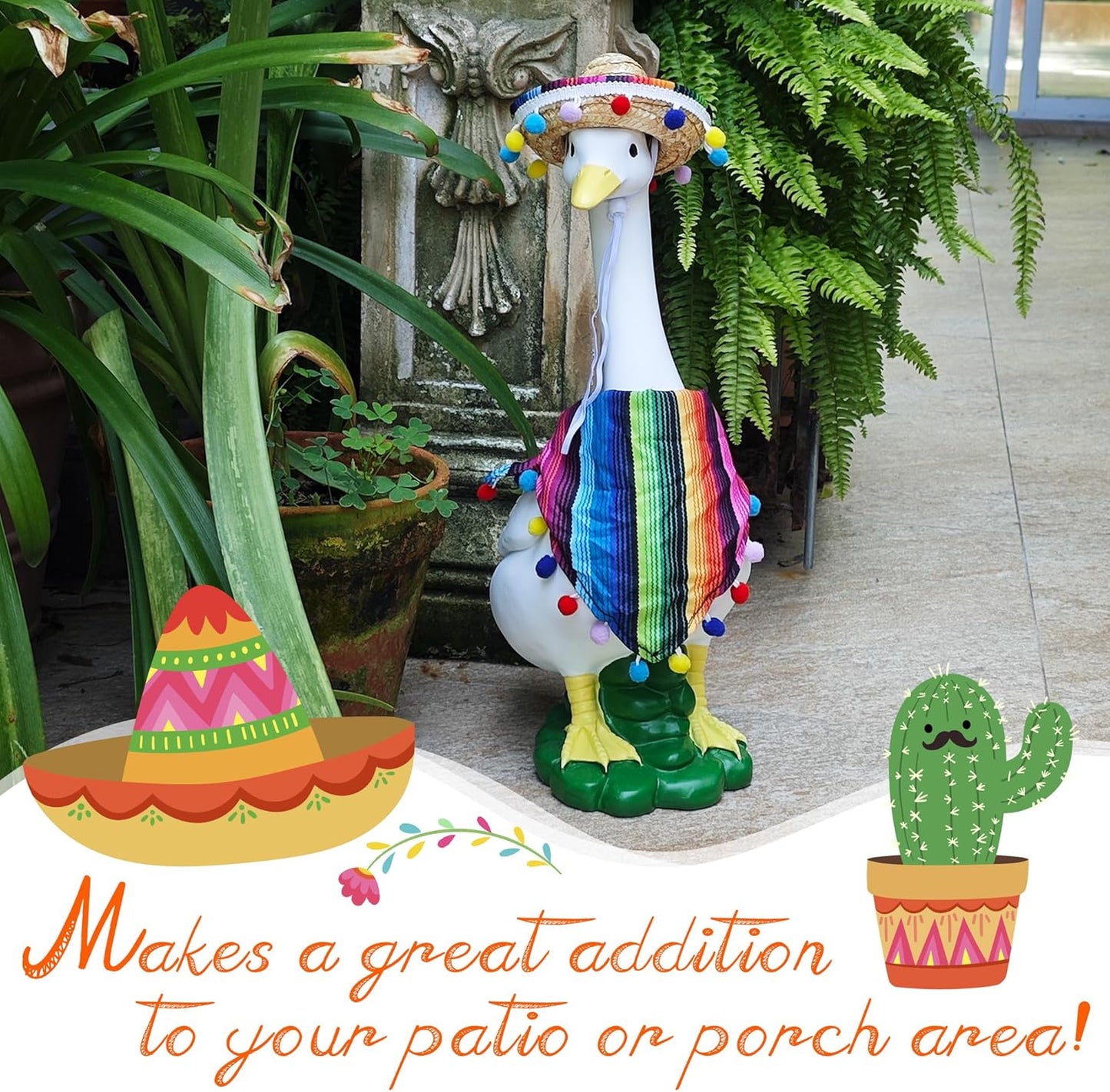 Porch Goose Statues + Porch Goose Outfits, 20" Large Durable Resin Goose Statue Decor with Fun Porch Goose Clothes, Mexican Sombrero Scarf Decorations DIY Indoor Outdoor Garden Patio Yard Lawn Gifts
