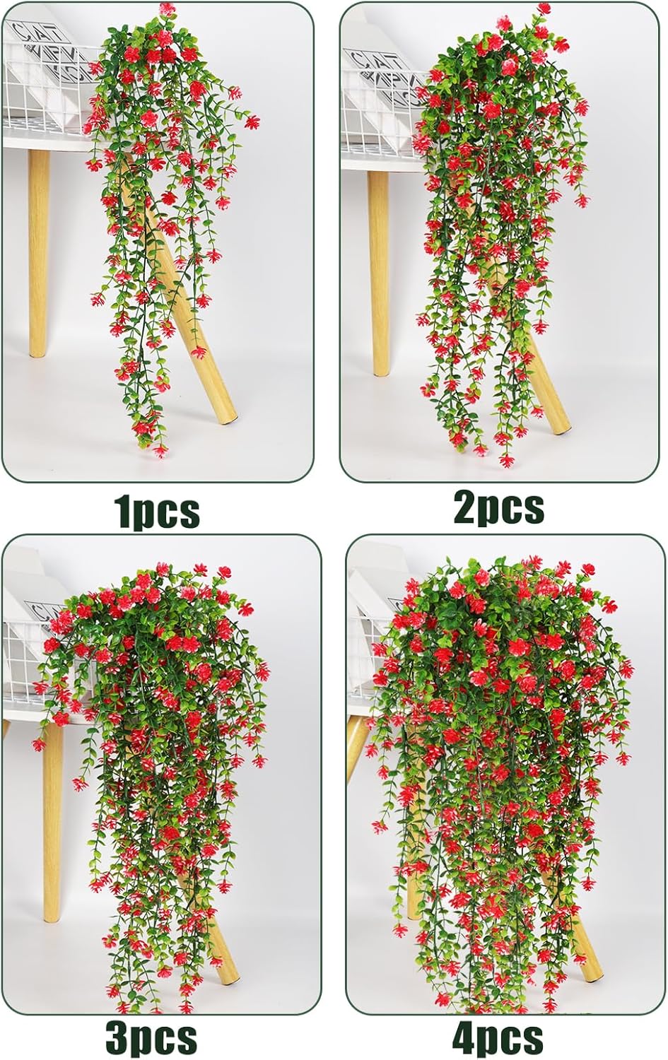 SJL Artificial Hanging Plant 4pcs Fake Hanging Plants Greenery Decor Plastic Flower Artificial Plants Indoor Fern Ivy Leaves Flowers Real Touch Stem for Wedding Party Outside Home (Red)