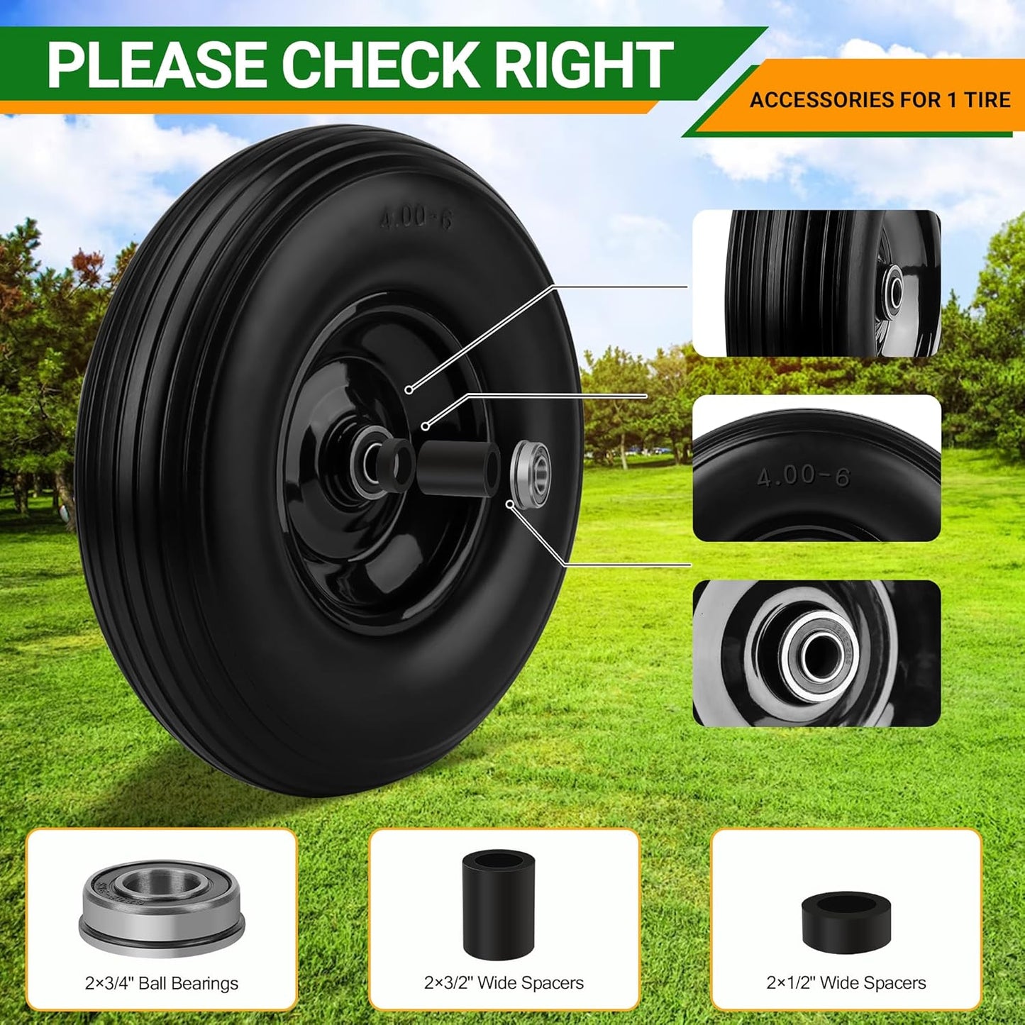 Upgrade 13Inch Wheelbarrow Tires 4.00-6 Flat Free Tire And Wheel with 5/8" & 3/4" Bearings, 1.77"-5.75" Center Hub for Wheelbarrows Garden Wagon Cart Wheel Replacement by NISHCON, 1Pack