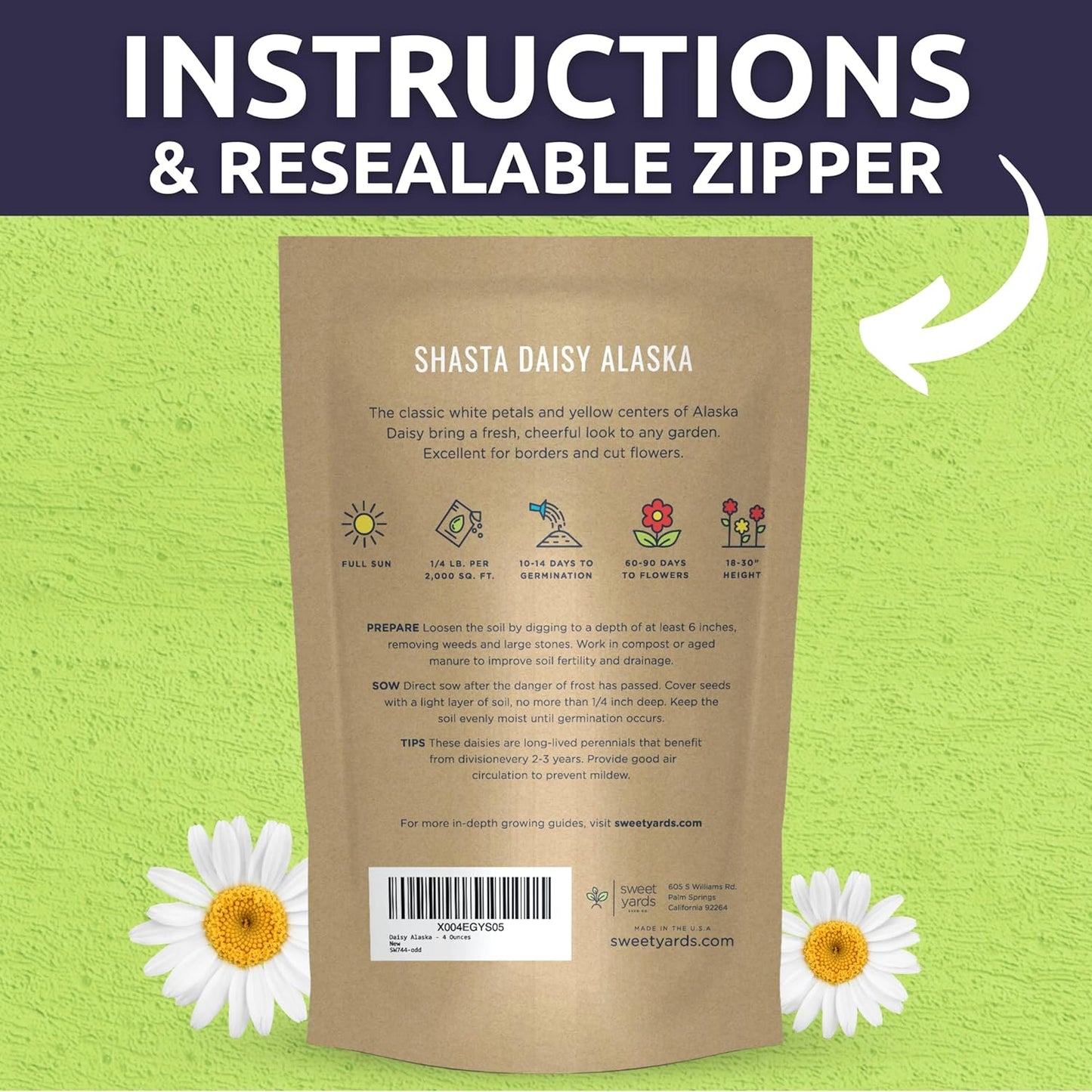 Shasta Daisy Alaska - Bulk 1/4 Pound Pouch - 100,000 Flower Seeds for Planting - Leucanthemum × superbum