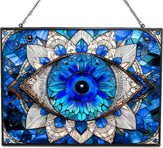 Rectangle Evil Eye Suncatchers for Windows, Stained Glass Window Hangings,Hand-Painted Glass Panel
