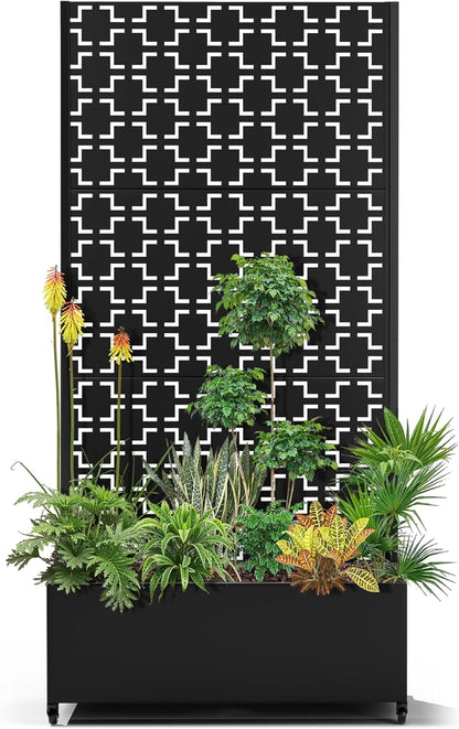15.7"×70.9"×35.4" Metal Raised Garden Bed with Trellis and Wheels - Tall Trellis Planter Box for Climbing Plants, Vegetables & Vines - Outdoor Privacy Planters for Patio (Black-Square)