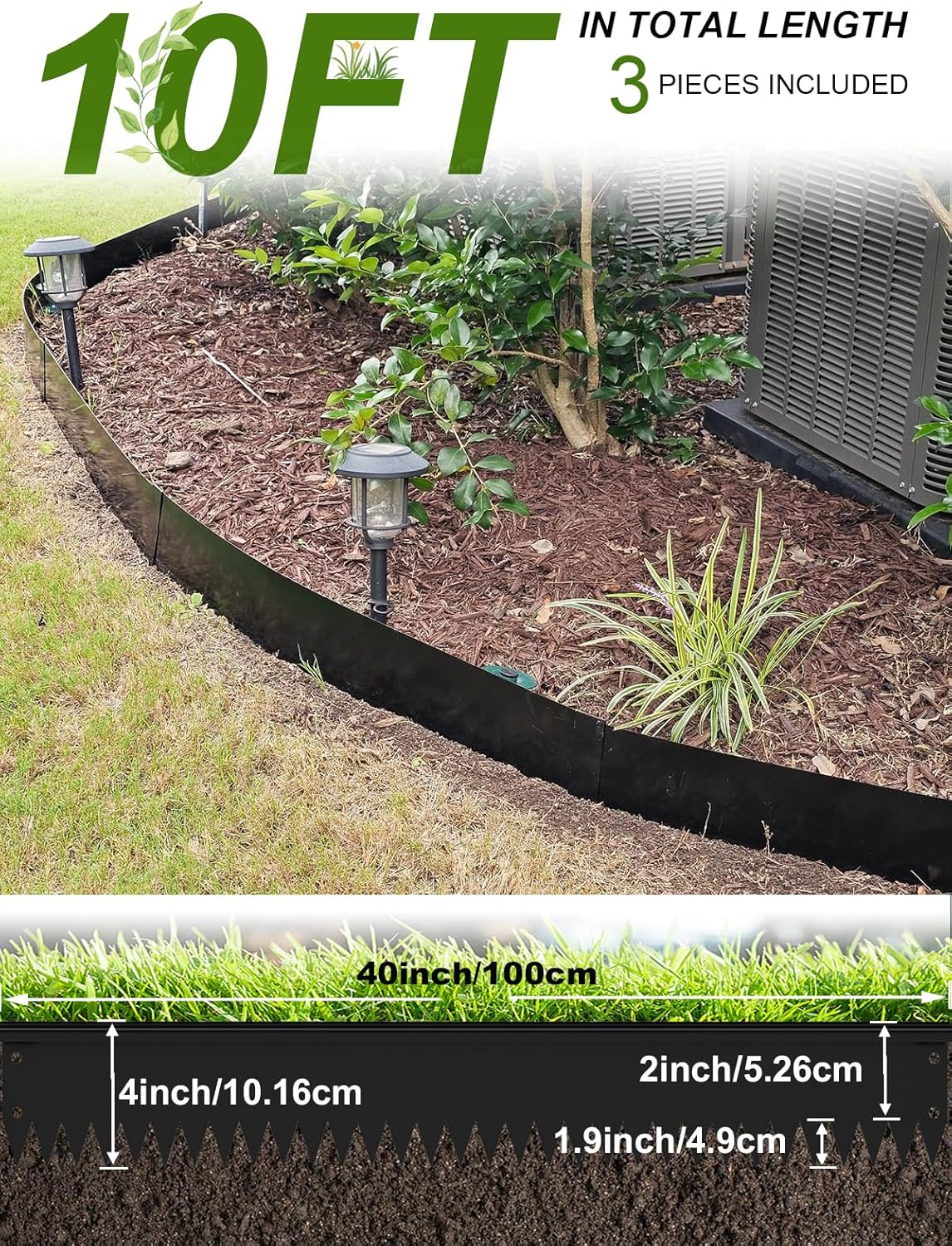 Landscape Edging Border, 40" L x 4" H 3Pack 10FT Total Black Galvanized Steel Garden Edging with Spikes, Sturdy Elegant Metal Lawn Broder for Flower Beds, Pathways, Paver Edges and Yard