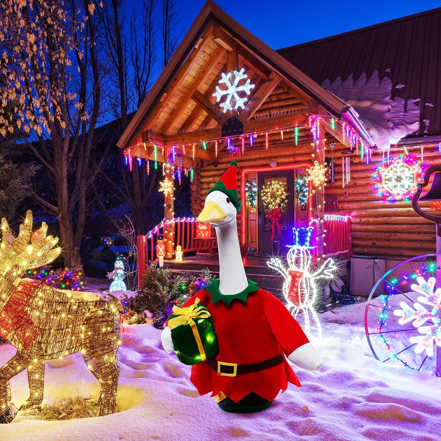 Christmas Toy Soldier Style Porch Goose Outfits,2 Pcs/Set Goose Clothes with Pointed Hat and Gift Box Fits 23" Lawn Goose Statue,Red Christmas Outdoor Goose Costume,Yard Patio Garden Xmas Decor