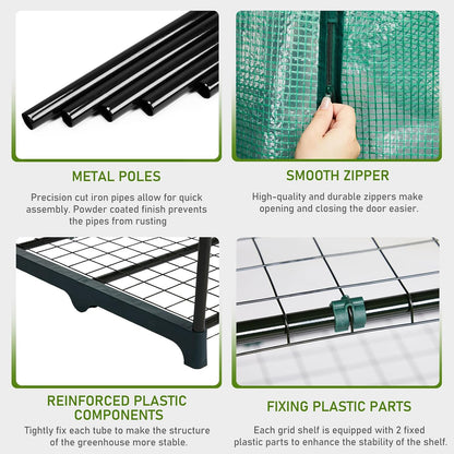Outvita Walk-in Greenhouse, Outdoor Durable PE Plant Green House for Frost Protection with 3 Tiers 12 Shelves, Shelf Clips, Roll-up Zipper Door, 56"x85"x77" Green