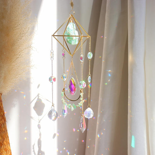 Green Fluorite Crystal Suncatcher Window Hanging Pendant Glass Prisms Decor Wind Chime Rainbow Sun