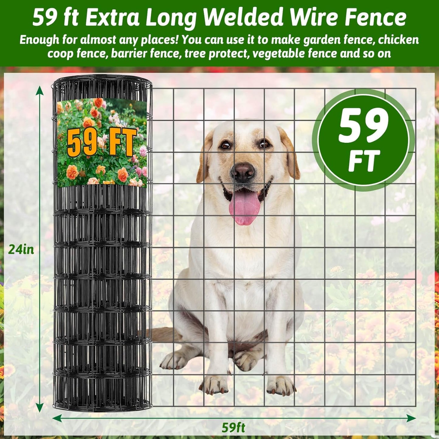 Welded Wire Fencing 59ft×24in, Black PVC Coated Wire Mesh Garden Fence Vinyl Metal Wire Mesh Wire Fence Rolls for Making Yard Fence Plant Protector Dog Poultry Netting(14Ga, 2.3in X 2.3in)