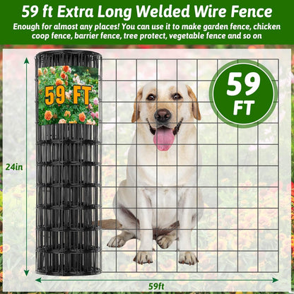 Welded Wire Fencing 59ft×24in, Black PVC Coated Wire Mesh Garden Fence Vinyl Metal Wire Mesh Wire Fence Rolls for Making Yard Fence Plant Protector Dog Poultry Netting(14Ga, 2.3in X 2.3in)