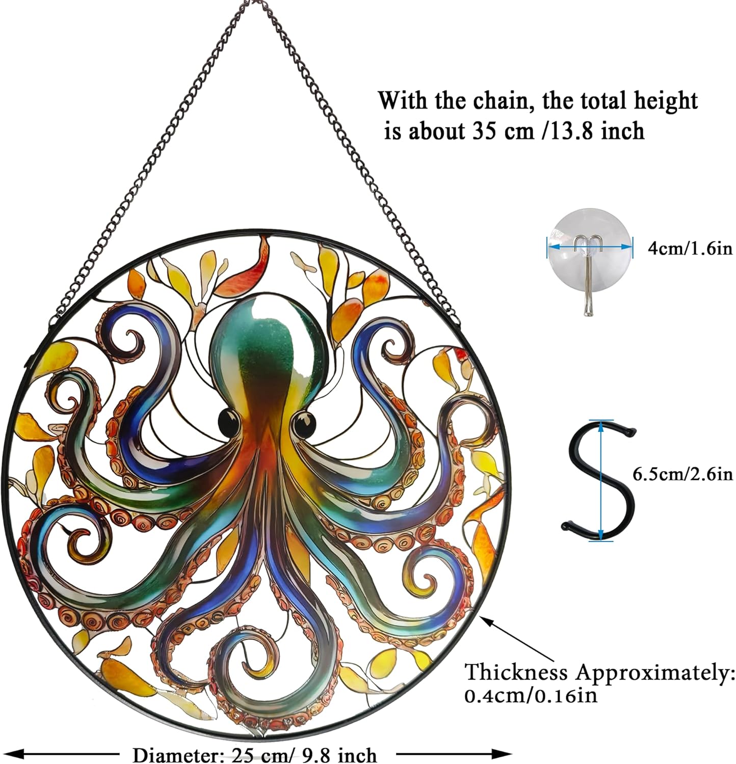 Octopus Stained Glass Window Hanging, 9.8’’ Sun Catcher Glass Panel Ocean Theme Wall Art Decor with Chain, Birthday Gift for Sons, Daughters, Grandson