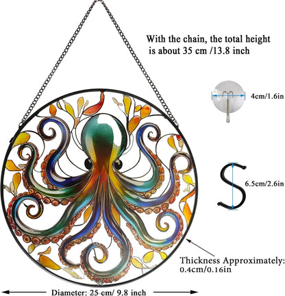 Octopus Stained Glass Window Hanging, 9.8’’ Sun Catcher Glass Panel Ocean Theme Wall Art Decor with Chain, Birthday Gift for Sons, Daughters, Grandson