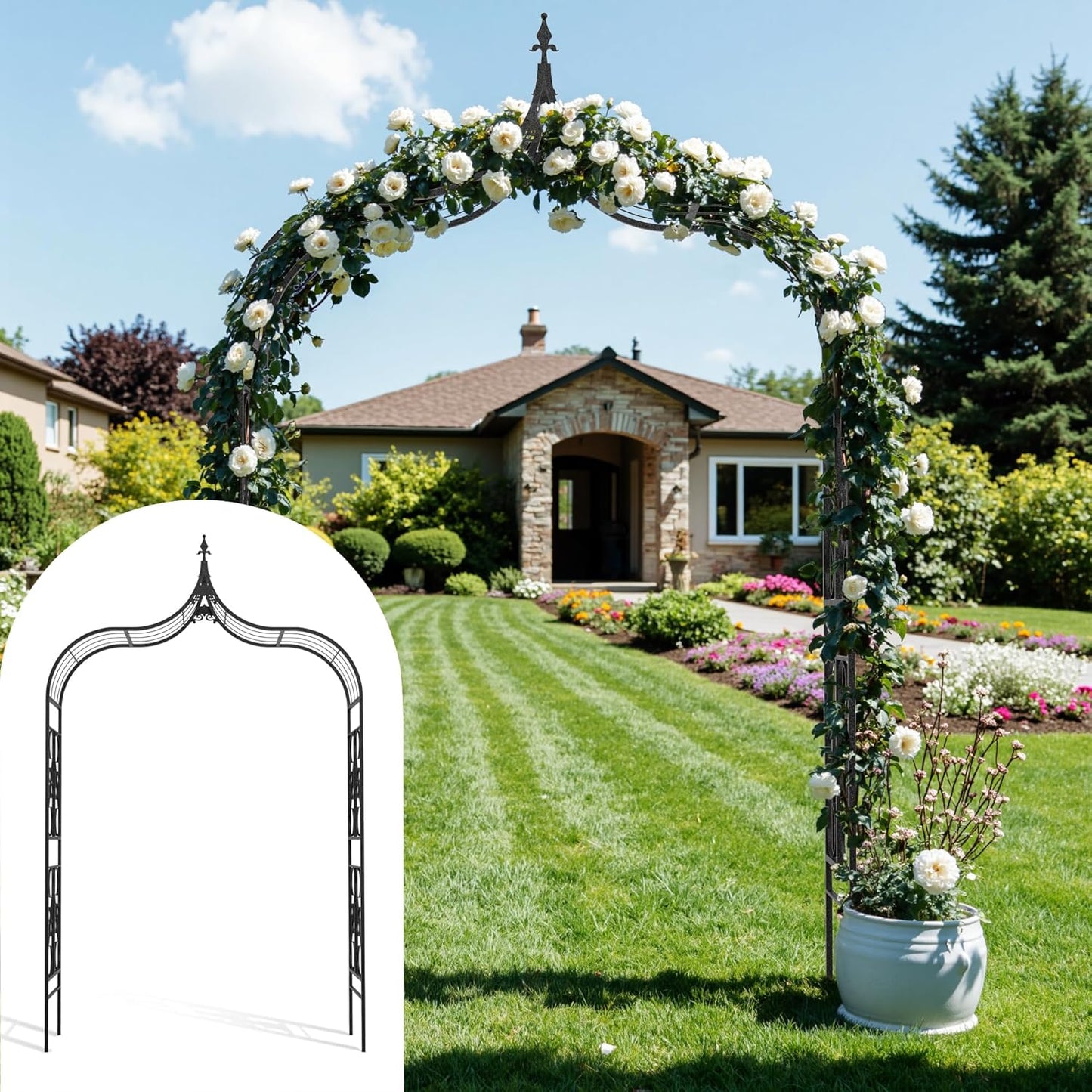 Metal Garden Arbor, 102.36” Tall Wrought Iron Archway for Climbing Plants & Flowers, British-Style Garden Trellis (Black)