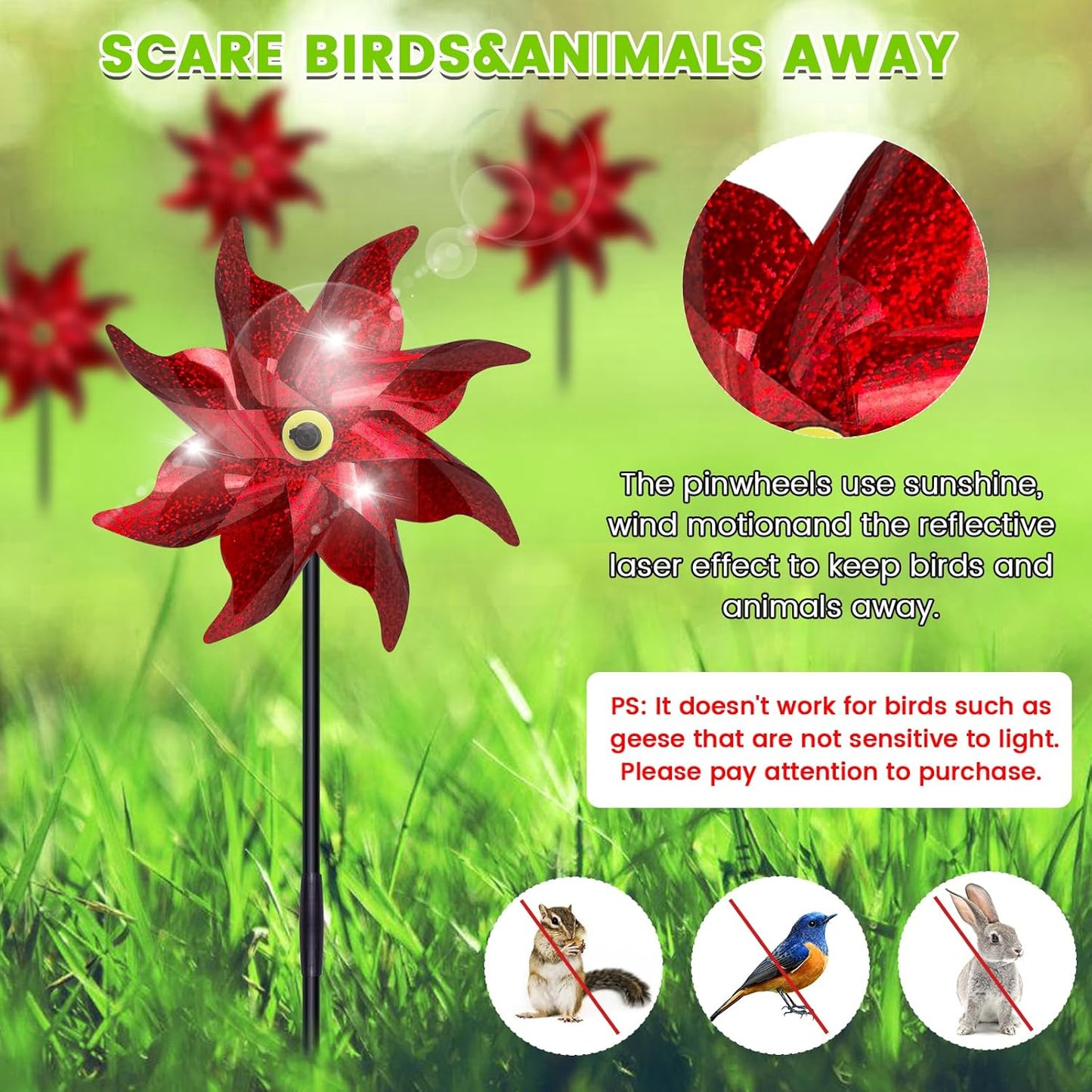 10 PCS Reflective Pinwheels for Yard and Garden Bird Devices Pre-Installed Sparkly Wind Spinner Deterrent to Scare Birds Away from Yard Patio Farm (Red)