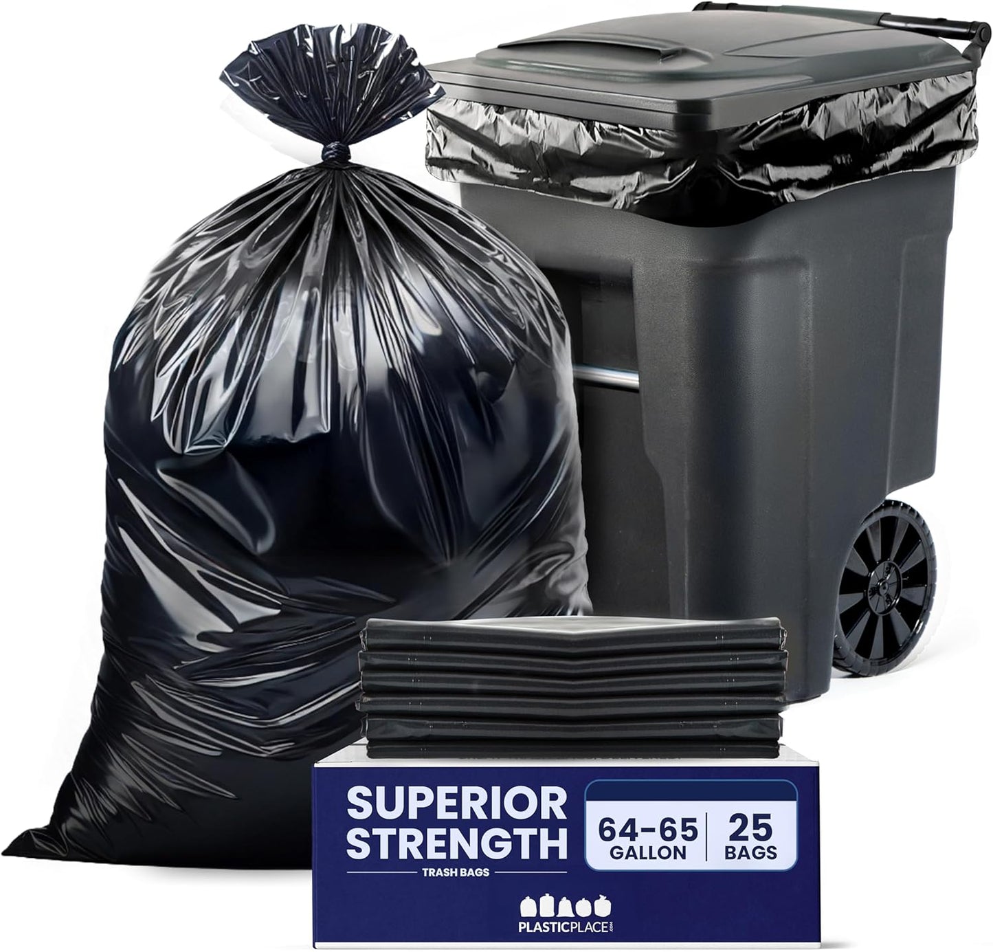 Plasticplace 64-65 Gallon Trash Can Liners for Toter │ 3.0 Mil │ Black Heavy Duty Garbage Bags │ 50” x 60” (25 Count),W65LDBTL3