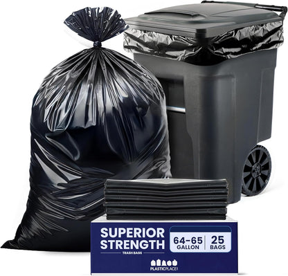 Plasticplace 64-65 Gallon Trash Can Liners for Toter │ 3.0 Mil │ Black Heavy Duty Garbage Bags │ 50” x 60” (25 Count),W65LDBTL3