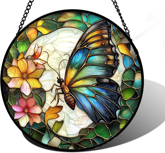Stained Glass Window Hanging, Butterfly Flower Sun Catchers Diamond Glass Panel Hangings Insect