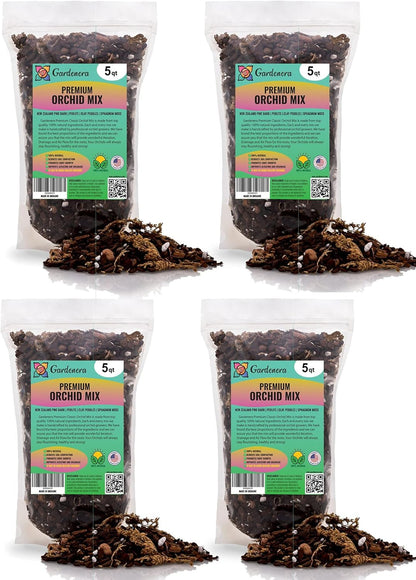 Organic Premium Orchid Soil Mix by Gardenera - Hand Mixed Classic Sphagnum Moss Potting Soil Mix - for Phalaenopsis Orchid - 20 Quart (4 Bags of 5 Quart)