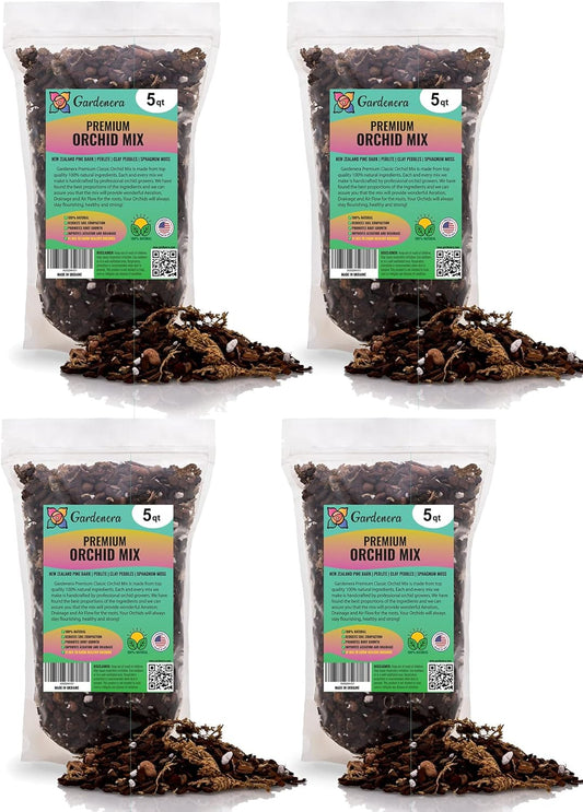 Organic Premium Orchid Soil Mix by Gardenera - Hand Mixed Classic Sphagnum Moss Potting Soil Mix - for Phalaenopsis Orchid - 20 Quart (4 Bags of 5 Quart)