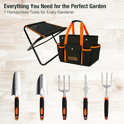 GardenHOME 7-Piece Gardening Tool Set – Stainless Steel Tools with Heavy-Duty Folding Stool and Canvas Tote Bag, Black and Orange – Practical for Men, Gardeners, and DIY Yard Work