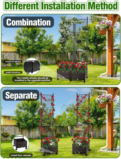 Kalolary 170CM Raised Garden Bed with Metal Trellis, Large Plastic Planter Box with Drainage Hole on Wheels Tomato Planters Climbing Trellis Outdoor Indoor for Climbing Plants Vegetable Flowers Vine