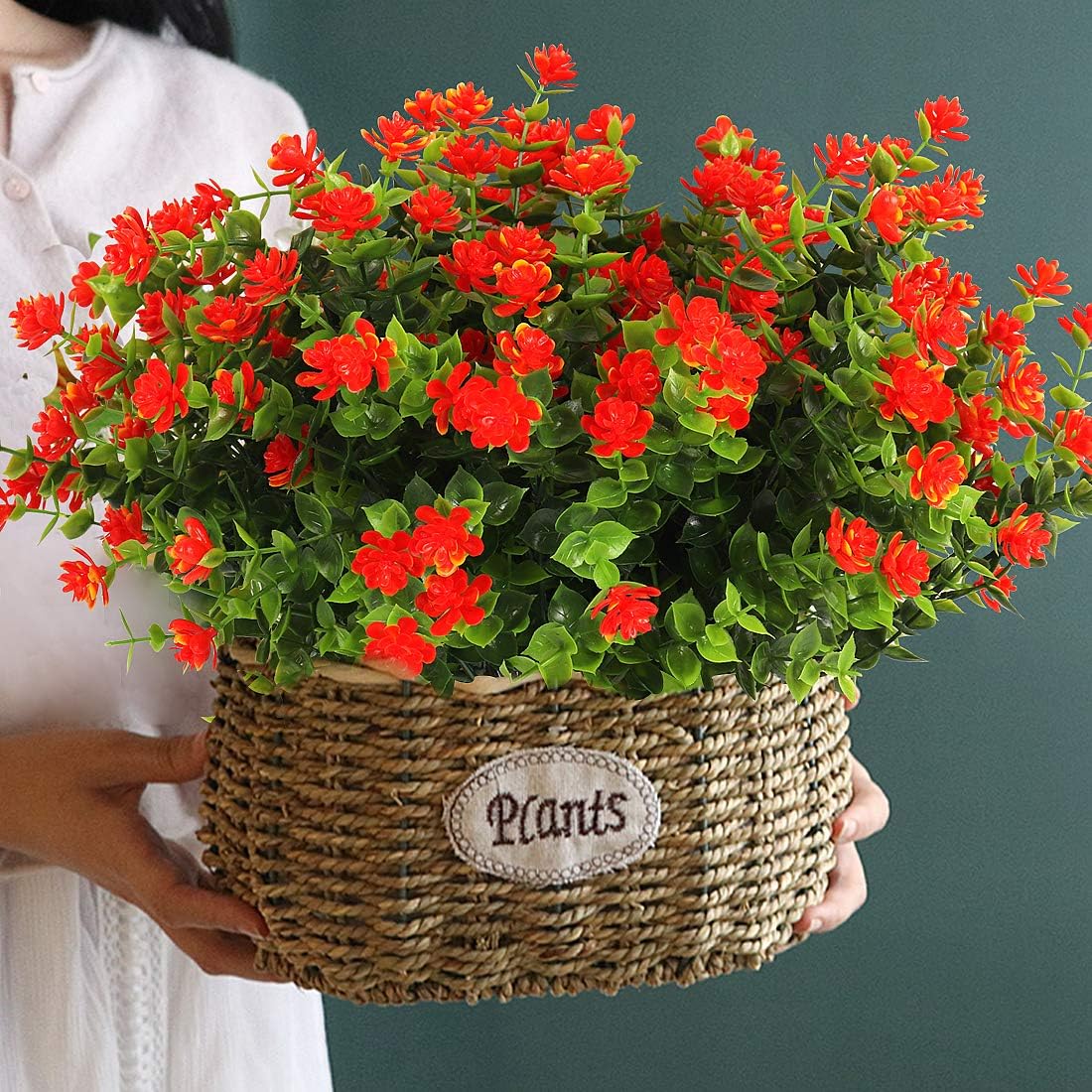 RECUTMS Artificial Flowers Outdoor Fake Flowers，8 Bundles Outside Face Mums Fake Summer Greenery UV Resistant No Fade Faux Plastic Lotus Shrubs Home Garden Porch Patio Decoration Office (Orange Red)