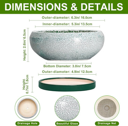 Succulent Pots - 6 Inch Ceramic Pots for Succulent Indoor Outdoor, Small Plant Pot with Drainage Hole and Saucer, Bonsai Pot, Modern Round Planter, Window Decor, Housewarming Gifts, Green