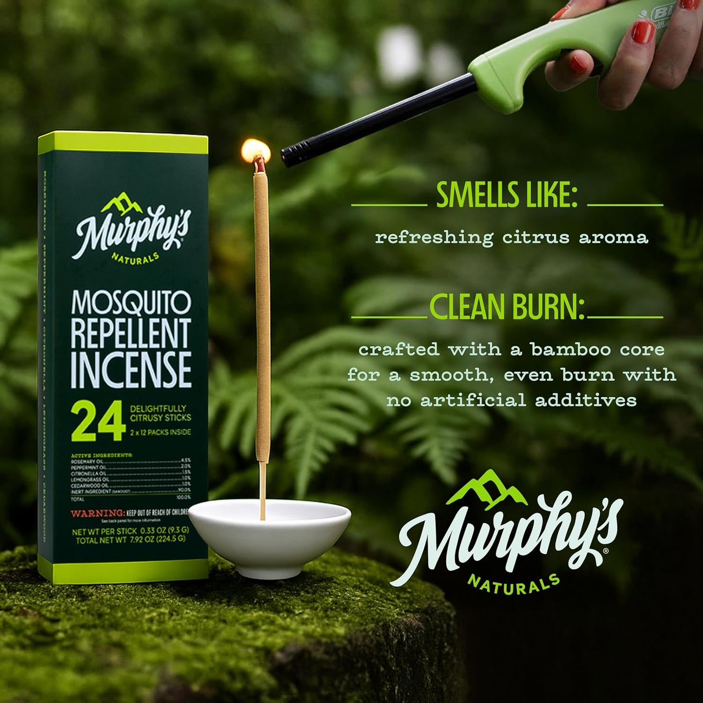 Murphy’s Naturals Mosquito Repellent Incense Sticks, 24 Count, DEET Free Insect Repellent with Citronella for Outdoor Yard, 2.5+ Hours per Stick