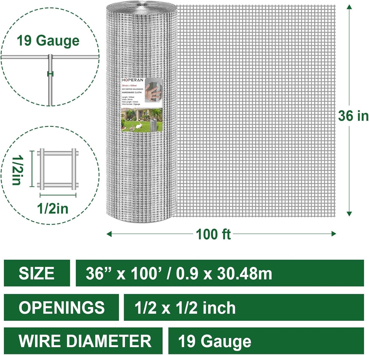 HOPERAN Hardware Cloth 1/2 Inch 36 x 100 ft - 19 Gauge Chicken Wire Fencing, Galvanized Wire Mesh Roll, Welded Wire Fence, Chicken Coop Wire Fence Gopher Wire Rabbit Wire Poultry Netting Cage