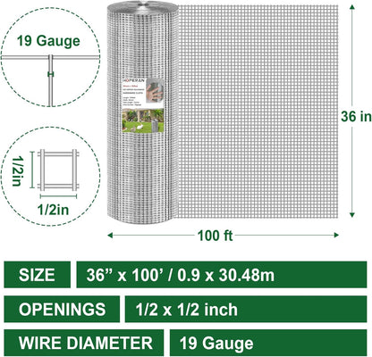 HOPERAN Hardware Cloth 1/2 Inch 36 x 100 ft - 19 Gauge Chicken Wire Fencing, Galvanized Wire Mesh Roll, Welded Wire Fence, Chicken Coop Wire Fence Gopher Wire Rabbit Wire Poultry Netting Cage