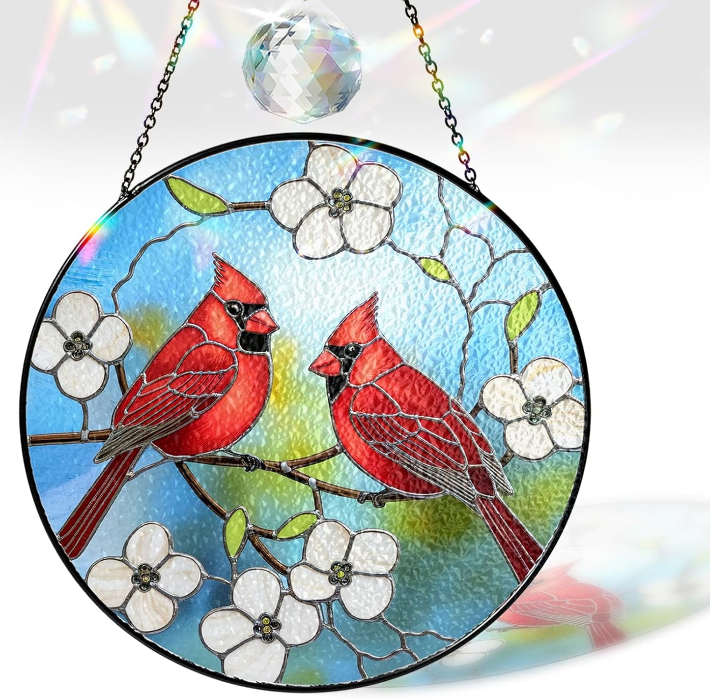 6" Cardinal Bird Stained Glass Suncatchers Art Glass Red Birds and Flowers for Sun Catcher Indoor Window Gifts for Nature Floral Bird Lovers Memorial Gift for Women Painted Panel Décor BIRD-37B-SG6