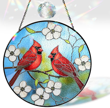 6" Cardinal Bird Stained Glass Suncatchers Art Glass Red Birds and Flowers for Sun Catcher Indoor Window Gifts for Nature Floral Bird Lovers Memorial Gift for Women Painted Panel Décor BIRD-37B-SG6