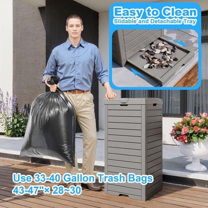 Outdoor Trash Can with Lid, Outdoor Trash Bin & Pull-Out Liquid Drawer, Dual Lid Closure Design, Waterproof Resin Garbage Can Container for Patio, Backyard, Deck (Grey, 31 Gallon)
