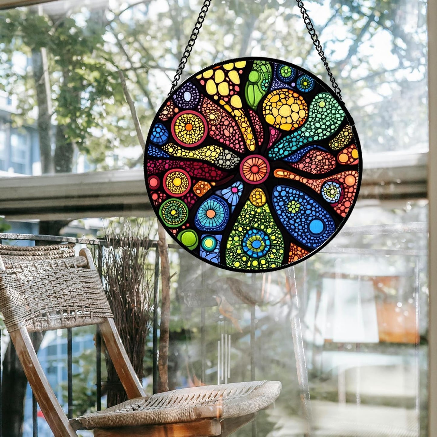 Stained Glass Window Hanging Colorful Abstract Plants 9.8" - Retro Boho Suncatcher Door Garden Sun Catcher Home Decor Birthday Christmas for Mom Men Woman Nana