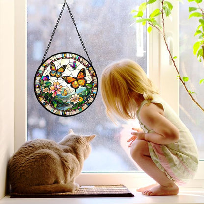 Stained Glass Window Hanging, Butterflies Flying in The Sky Suncatcher for Doors Home Sun Catchers Decoration and Christmas, Mother's Day Birthday Gifts for Women, Men, and Mom 7.8 in
