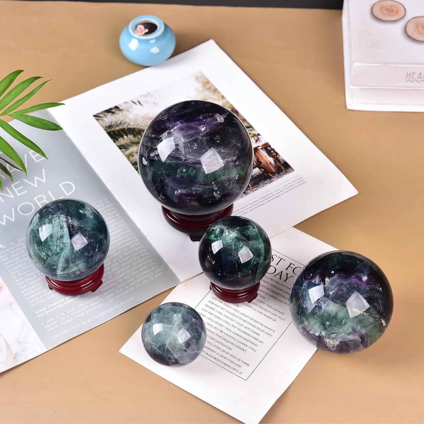 JIC Gem Large Crystal Sphere with Stand Colorful Fluorite Crystal Ball Gemstone Decorative Ball for Home Decor Altar Reiki Healing Gift 90-100mm