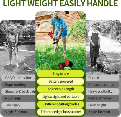 Wood Ranger Weed & Lawn Trimmer,3 in 1 Cordless Grass Trimmer,24V Cordless String Trimmer, Wheeled Weed Eater with 2 Batteries, Electric Lawn Edger Tool Set, 6-Inch Cutting Width(Red)