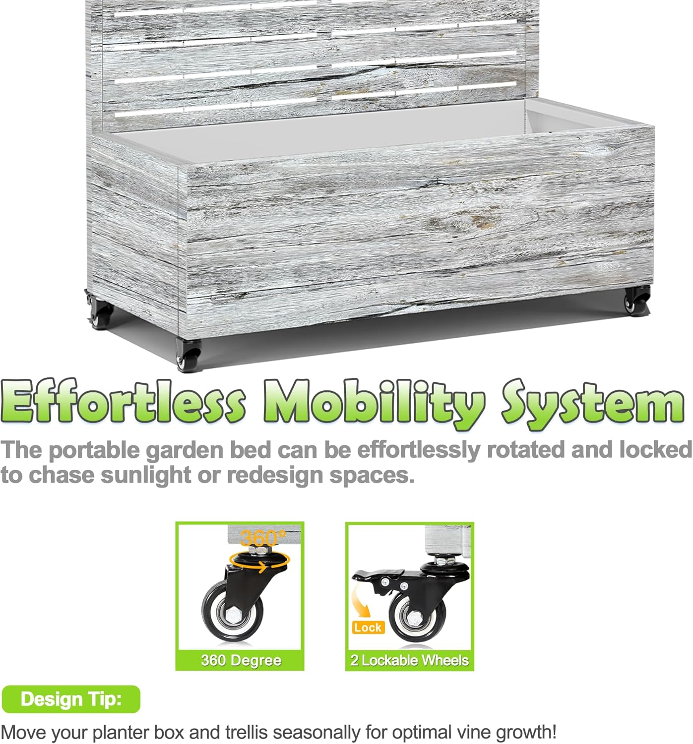 15.7"×70.9"×35.4" Metal Raised Garden Bed with Trellis and Wheels - Tall Trellis Planter Box for Climbing Plants, Vegetables & Vines - Outdoor Privacy Planters for Patio (White Oak Grain)