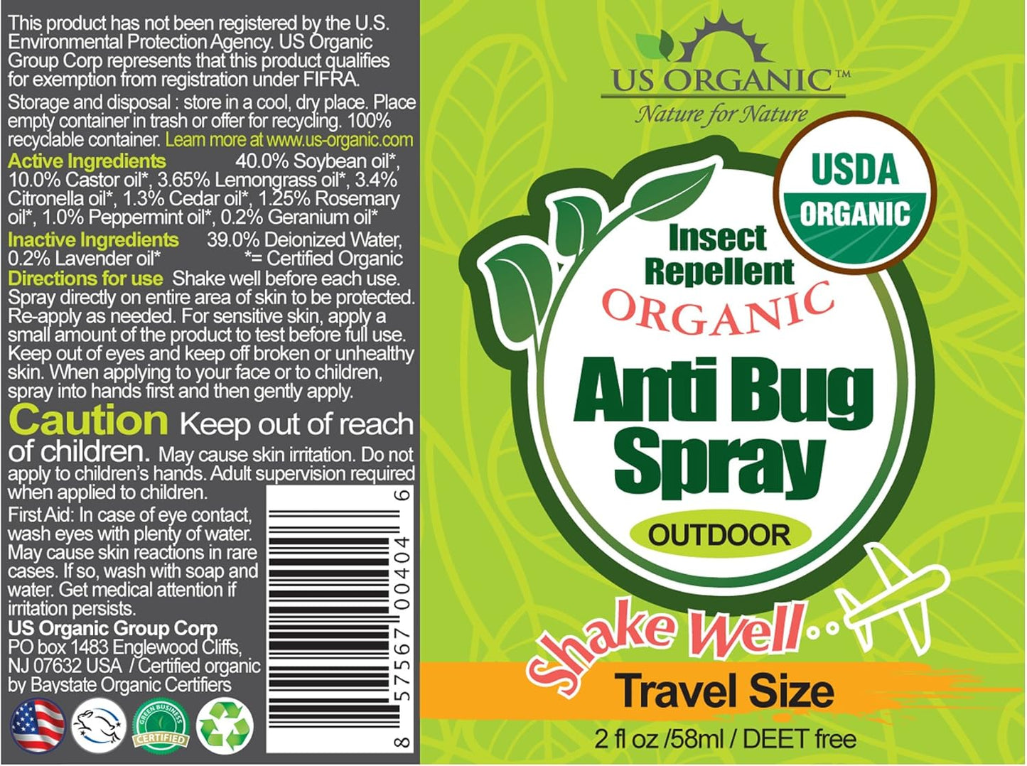 US Organic Mosquito Repellent Anti Bug Outdoor Pump Sprays, USDA Certification, Cruelty Free, Proven Results by Lab Testing, Deet-Free (2 oz - Value 2 Pack)
