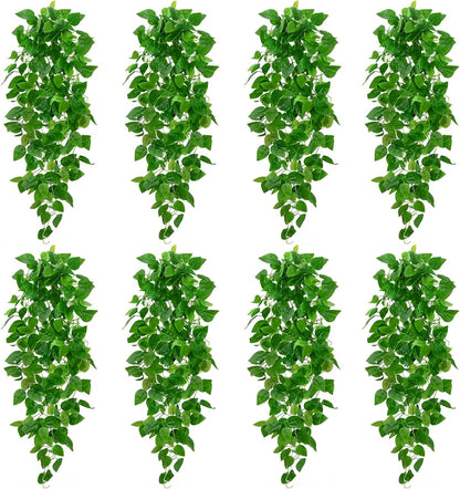 BLEUM CADE 8Pcs Fake Hanging Plants, 9 Branch Artificial Hanging Plant, Lush Faux Pothos Vines for Home Room Wall Shelf Porch Outdoor Indoor Decor (No Baskets)